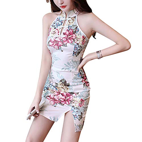 Vintage senza maniche Cheongsam Red Wave Print Keyhole Side Split Mini Qipao Abito Sexy Club Party Wear