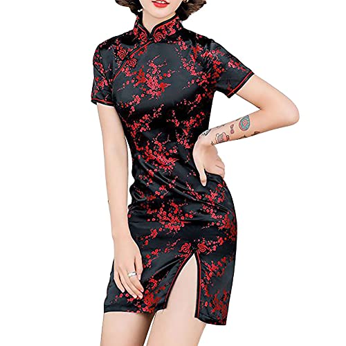 HFU Women's Cheongsam Costume Short Sleeve Side Slit Floral Print Mandarin Collar Evening Bodycon Cocktail Dress