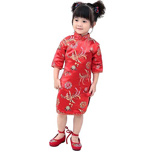 Sponsored Ad - Girls Dress Chinese Dragon Phoenix Qipao Half Sleeve Cheongsam Dress Princess Birthday Party Costume