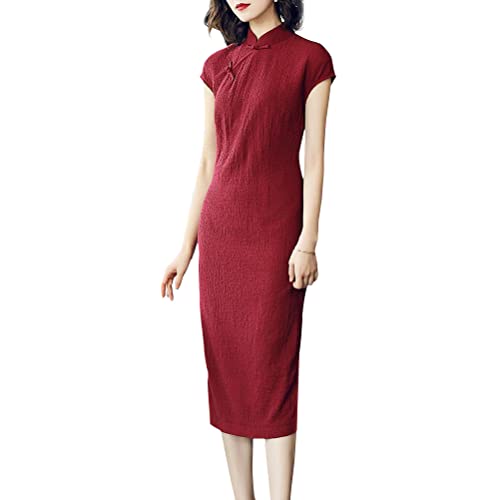 Women's Summer Cheongsam Cap Sleeve Midi Dress Traditional Chinese Mandarin Collar Side Slit Qipao Vintage Dress