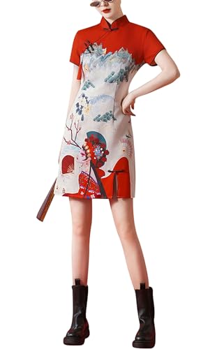 LAI MENG FIVE CATS Women's Vintage Chinese Cheongsam Print Dress Short Sleeve Side Slit Mini Dress