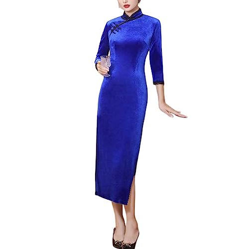 Mulheres Veludo Mid Bezerro Cheongsam Vestido 3/4 de Comprimento Manga Lateral Slit Chinês Qipao