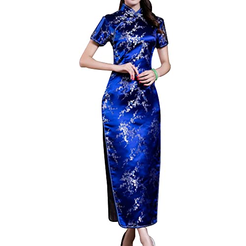 Sponsored Ad - Women Cheongsam Long Dress Evening Short Sleeve Slim Fit Maxi Dress Floral Faux Silk Stand Collar Bodycon Q...