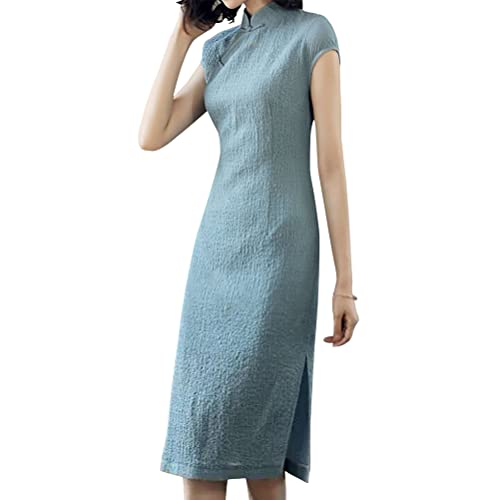 Mulheres Vintage Cheongsam Traje Manga Curta Colar Mandarim Chinês Tradicional Side Slit Qipao Bodycon Vestido