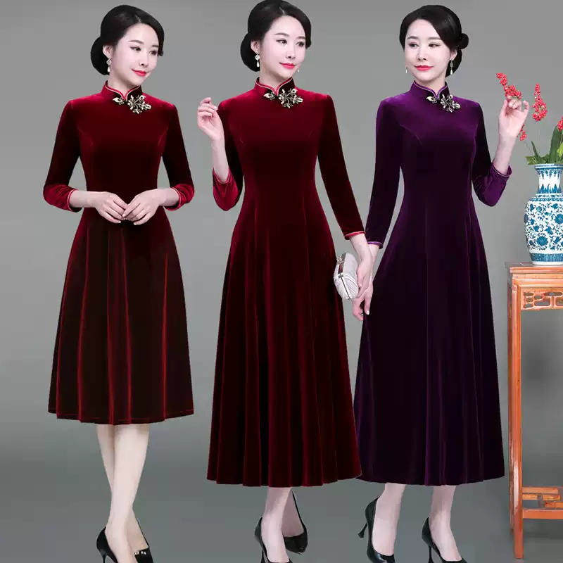 Xi Po Po Manga Longa Grande Ouro Veludo Cheongsam 2024 Nova Primavera e Outono Roupas High end Mãe Vestido de Noiva Fat MM