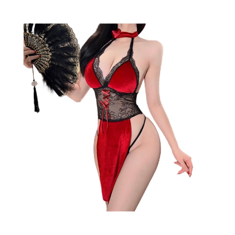 Annuncio sponsorizzato - mulanfeng Donne velluto sexy Cheongsam Lingerie vestito, profondo collo a V, alta camicia da notte spaccata, Babydoll, cinesi...