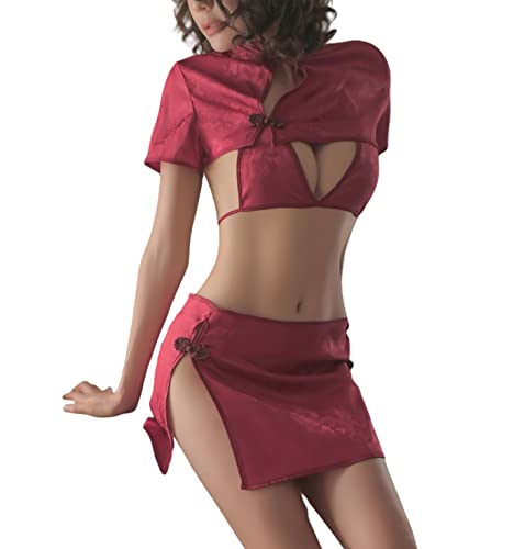 SINROYEE Cheongsam Lingerie Set for Women Chinese Sexy Qipao Anime Cosplay Costume Shirt Top