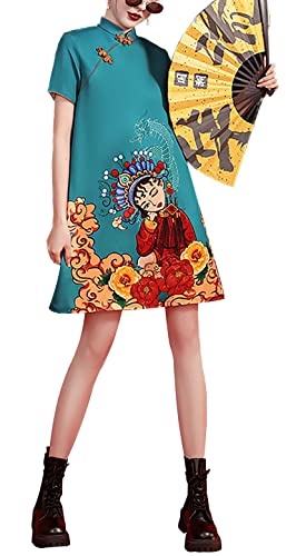 Annuncio sponsorizzato - Donna Vintage cinese Cheongsam Print Dress Manica Corta Retro Side Slit Mini Abito sciolto