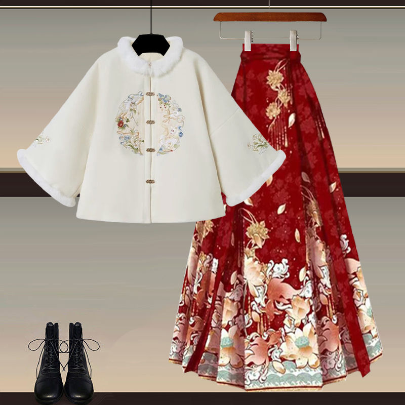 New Chinese style suit skirt autumn outfit 2025 new year's battle robe Hanfu top coat slimming horse face skirt two-piece set