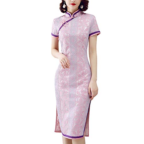 Floral Lace Cheongsam Embroidery Vintage Fashion Short Sleeve Side Slit Qipao Chinese New Year Tradtional Costume