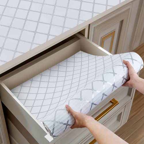 Drawer and Shelf Liner for Kitchen Cabinets, Non-Adhesive Strong Grip Cabinet Liners for Dressers, Durable Waterproof Anti Slip Cupboard Liner, White/Sliver, 12 in x 10 Feet