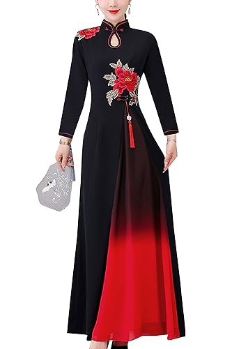 DOVWOER Frauen Cheongsam Chinesischer Stil Kleid Elegante Vintage High Neck Maxi Kleider