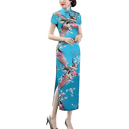 Frauen Kurzarm Cheongsam Langes Kleid Traditioneller Kranich Gedruckt Mandarin Kragen Seite Split Tee Länge Qipao