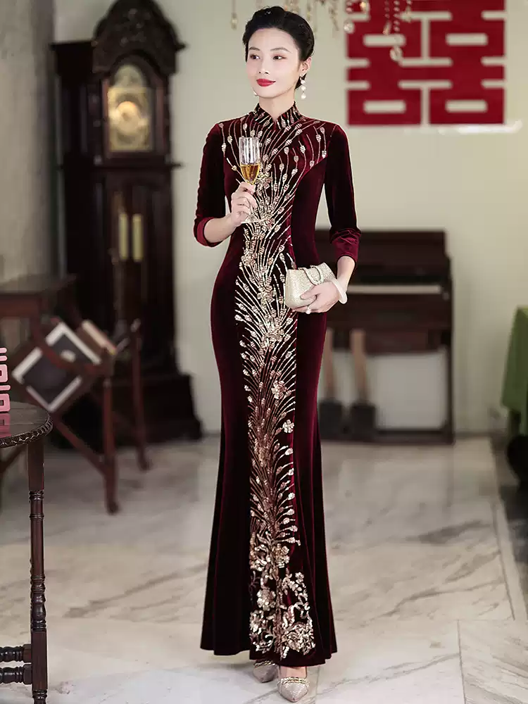 Haut de gamme en velours d'or mère mariage réception robe d'Hiver chaud Slim Glitter manches longues belle - mère jupe longue