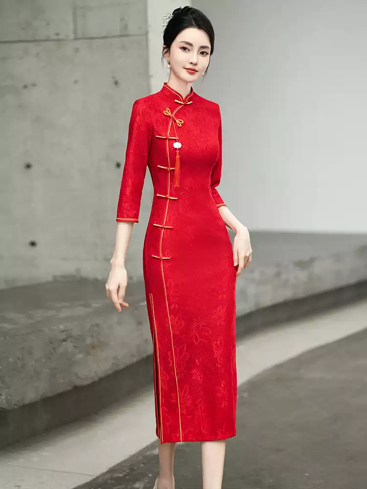 Robe de drapeau en dentelle rouge etiquette nouveau style chinois haut de gamme mariage infrarouge chinois retour à la maison robe de bienvenue Slim