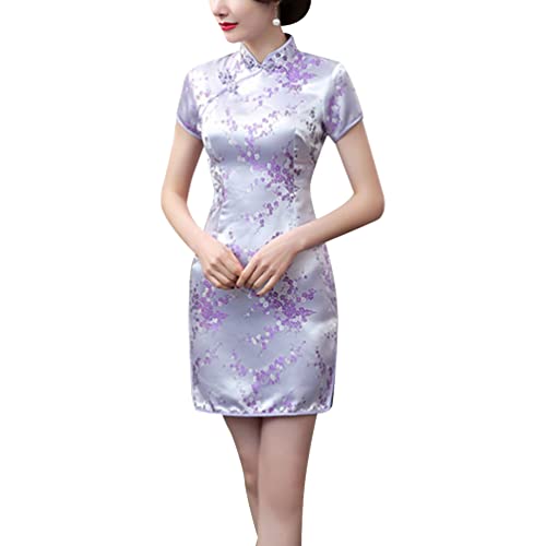 Mulheres Tradicional Cheongsam Costume Print High Slit Side Chinês Festa de Ano Novo Cocktail Bodycon Vestido Curto