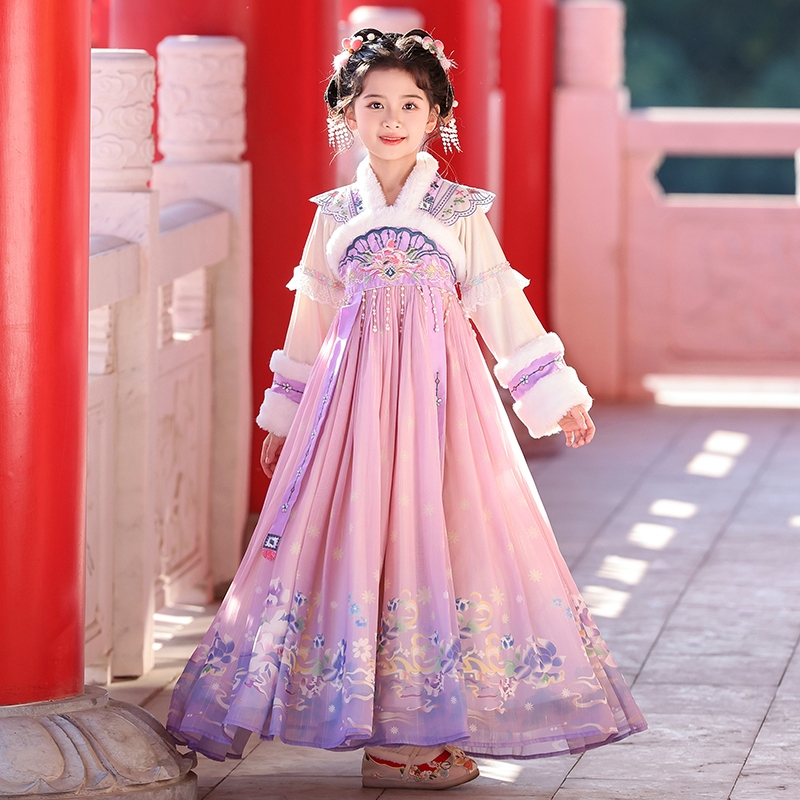 Vestiti invernali delle ragazze di Hanfu con velluto, abito antico della principessa di stile cinese, abito di stile antico di autunno e inverno dei bambini