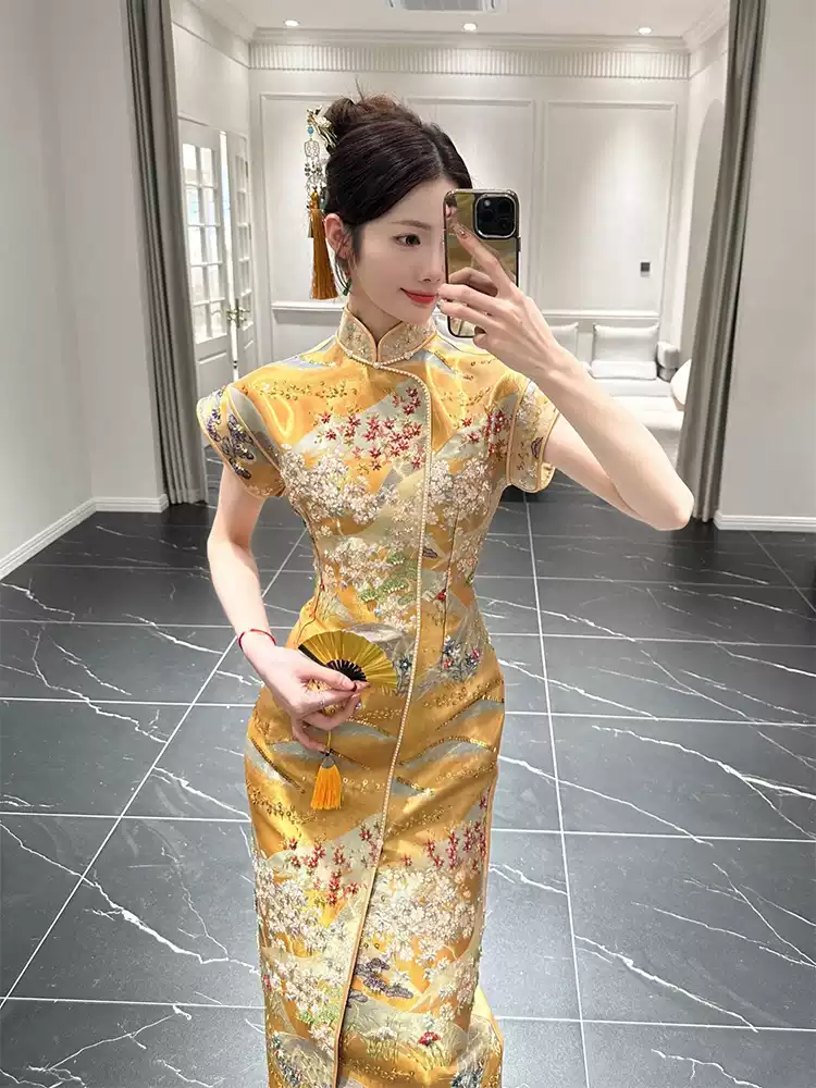 High end exquisite new Chinese style improved cheongsam gold dress toast dress 2024 new bride's sense of luxury