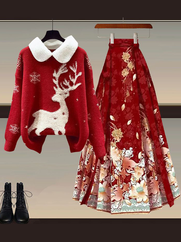 New Chinese Autumn/Winter 2025 New Year's Robe, Red Sweater, High Grade Look, Skinny Hanfu, Horse Face Skirt, Two Piece Set