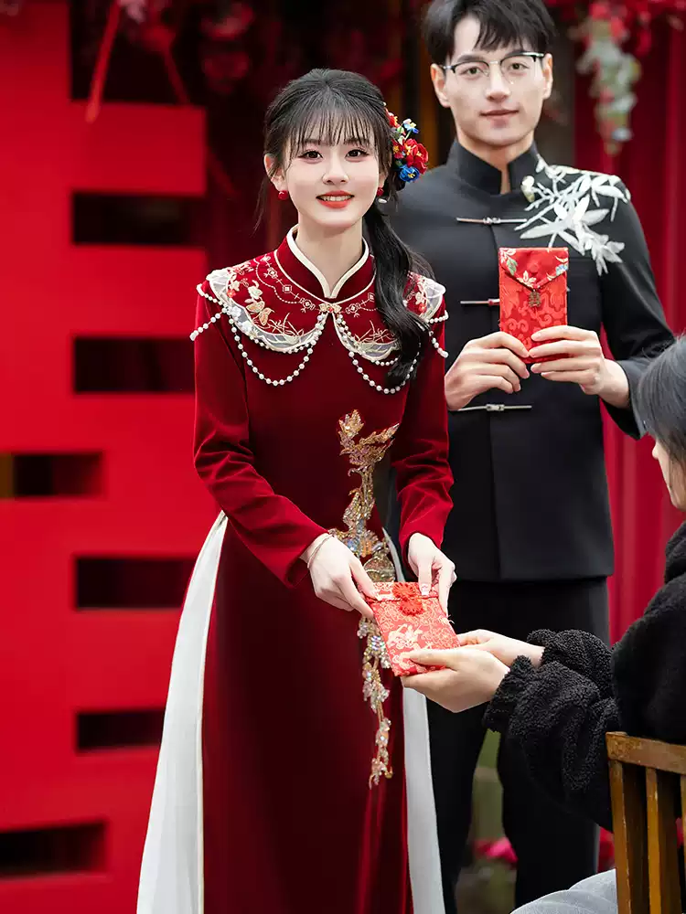 Vestido de torrada vermelho vinho, noiva cheongsam, novo vestido de noivado estilo chinês, vestido de noiva, vestido de inverno de veludo Audrey