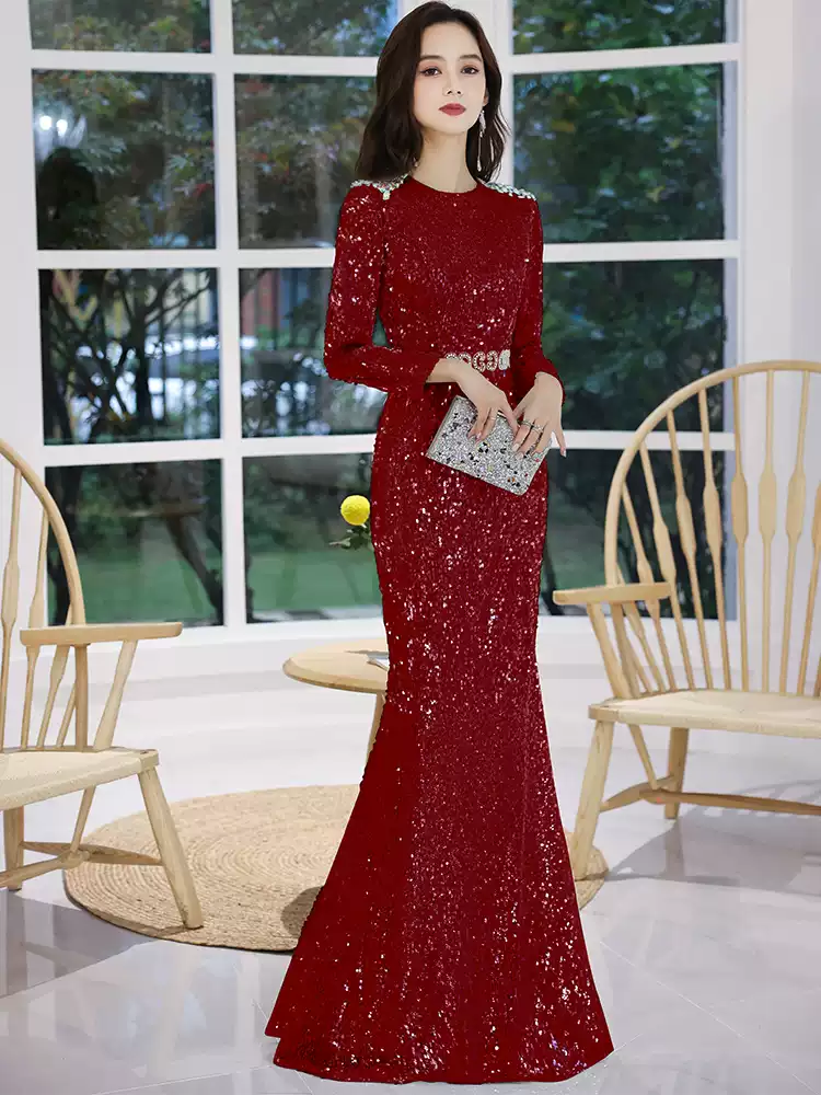 Présentateur robe de soirée femme 2024 nouveau style de banquet tempérament rouge sequin show manches longues noblesse haut sentiment