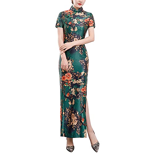 Elegante Raso Floreale Lungo Cheongsam Manica Corta Mandarino Collare Alto Split Maxi Abito Tradizionale Cinese Qipao