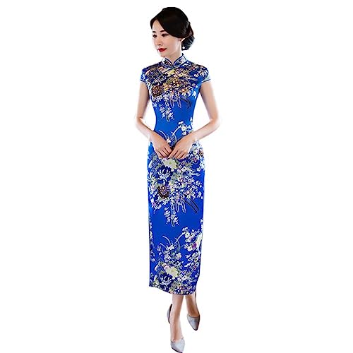 Women's Floral Print Cheongsam Long Dress Short Sleeve Mandarin Collar High Slit Tea Length Qipao Traditional Chinese Dress